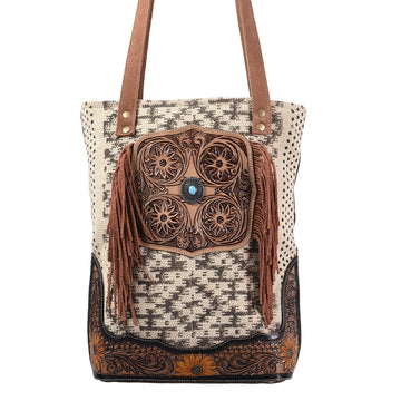 OHLAY KB394 TOTE Hand Tooled Upcycled Wool Canvas Genuine Leather women bag western handbag purse